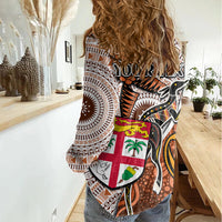 Personalised Fiji Australia Rugby Women Casual Shirt Kangaroo and Palm Tree Orange Tapa Pattern Mix Aboriginal LT03 - Polynesian Pride