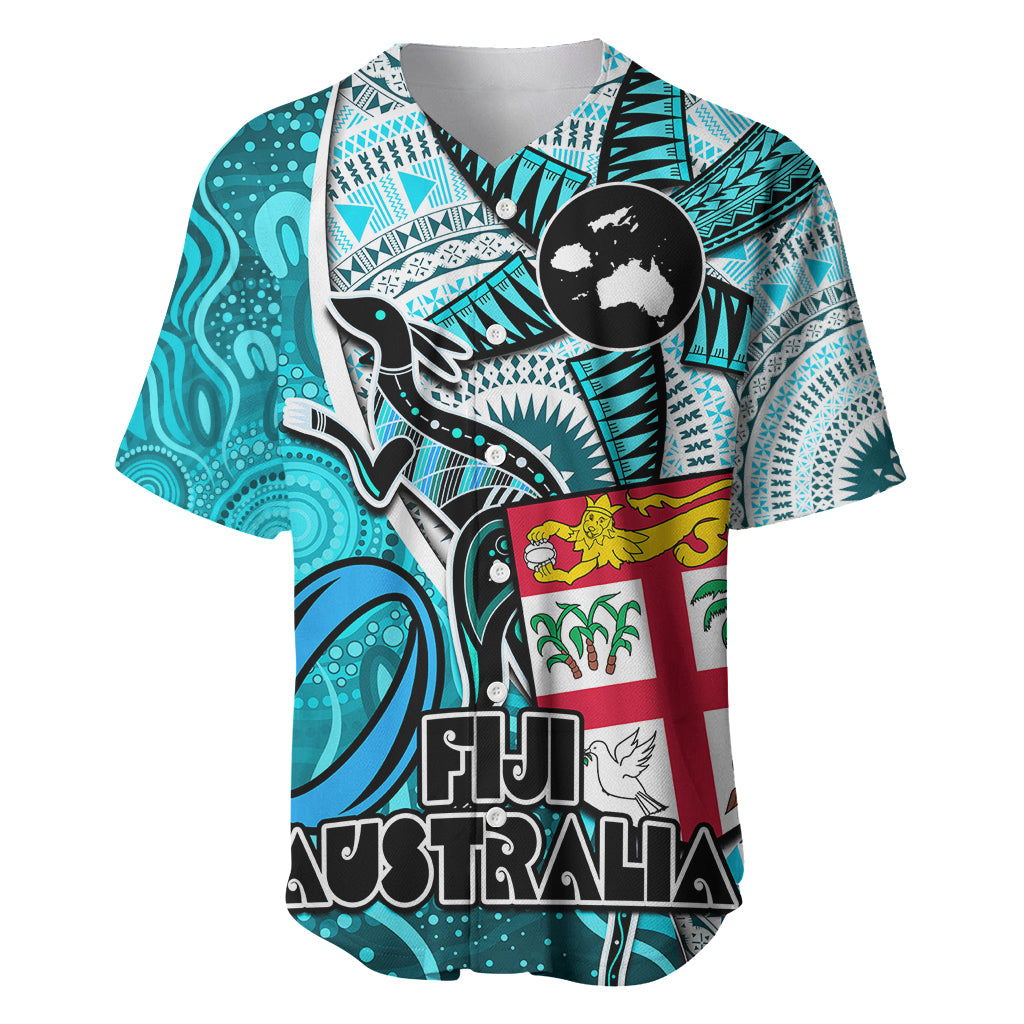 Fiji Australia Rugby Baseball Jersey Kangaroo and Palm Tree Blue Tapa Pattern Mix Aboriginal LT03 Blue - Polynesian Pride
