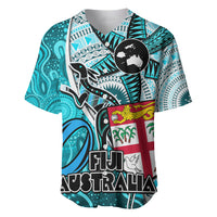 Fiji Australia Rugby Baseball Jersey Kangaroo and Palm Tree Blue Tapa Pattern Mix Aboriginal LT03 Blue - Polynesian Pride