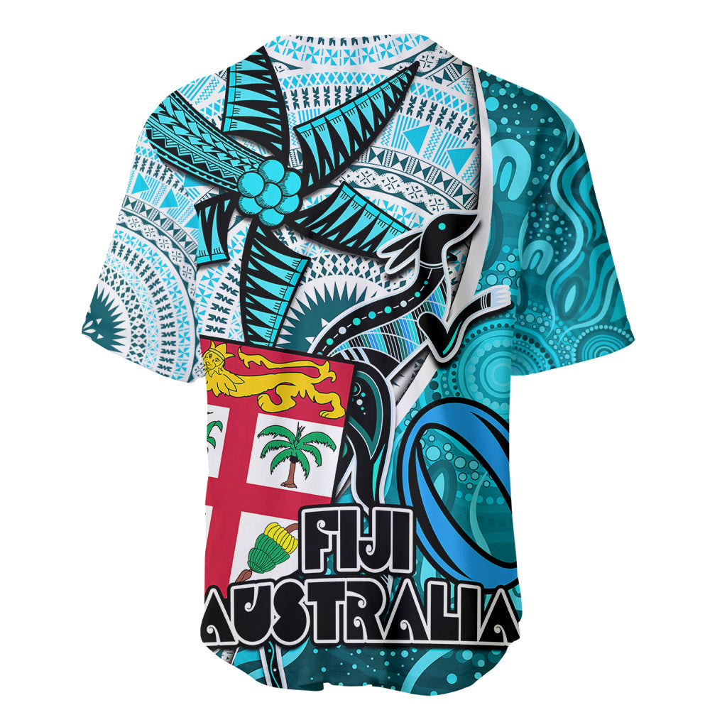 Fiji Australia Rugby Baseball Jersey Kangaroo and Palm Tree Blue Tapa Pattern Mix Aboriginal LT03 - Polynesian Pride