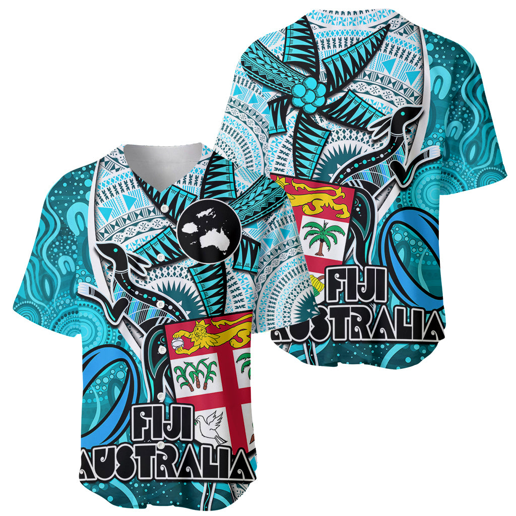 Fiji Australia Rugby Baseball Jersey Kangaroo and Palm Tree Blue Tapa Pattern Mix Aboriginal LT03 - Polynesian Pride