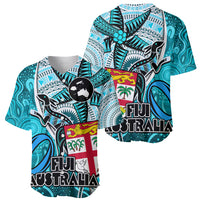 Fiji Australia Rugby Baseball Jersey Kangaroo and Palm Tree Blue Tapa Pattern Mix Aboriginal LT03 - Polynesian Pride