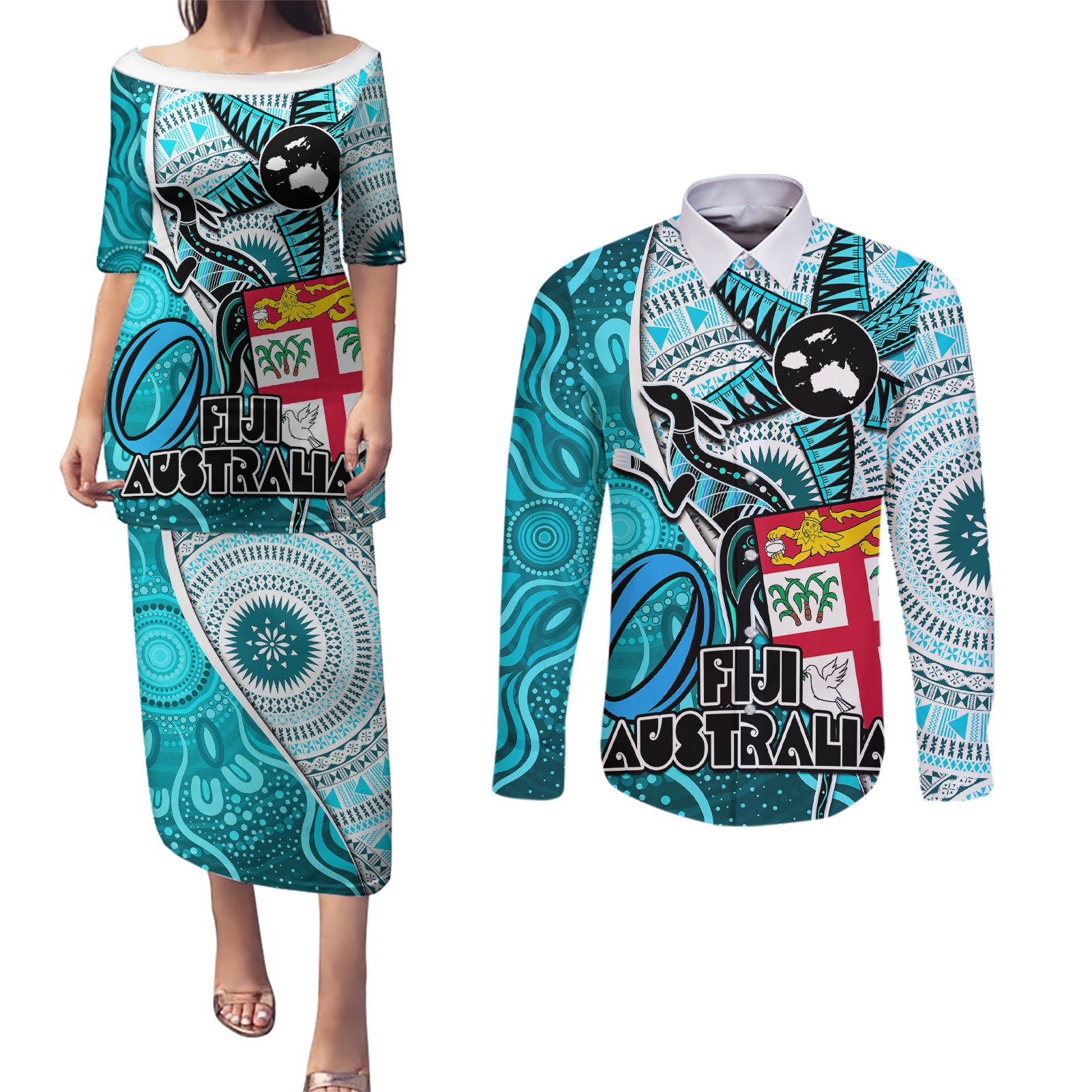 fiji-australia-rugby-couples-matching-puletasi-dress-and-long-sleeve-button-shirts-kangaroo-and-palm-tree-blue-tapa-pattern-mix-aboriginal