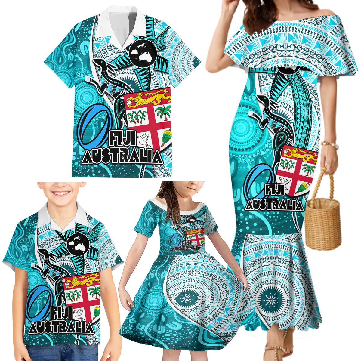 fiji-australia-rugby-family-matching-mermaid-dress-and-hawaiian-shirt-kangaroo-and-palm-tree-blue-tapa-pattern-mix-aboriginal