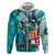 Fiji Australia Rugby Hoodie Kangaroo and Palm Tree Blue Tapa Pattern Mix Aboriginal LT03 Zip Hoodie Blue - Polynesian Pride