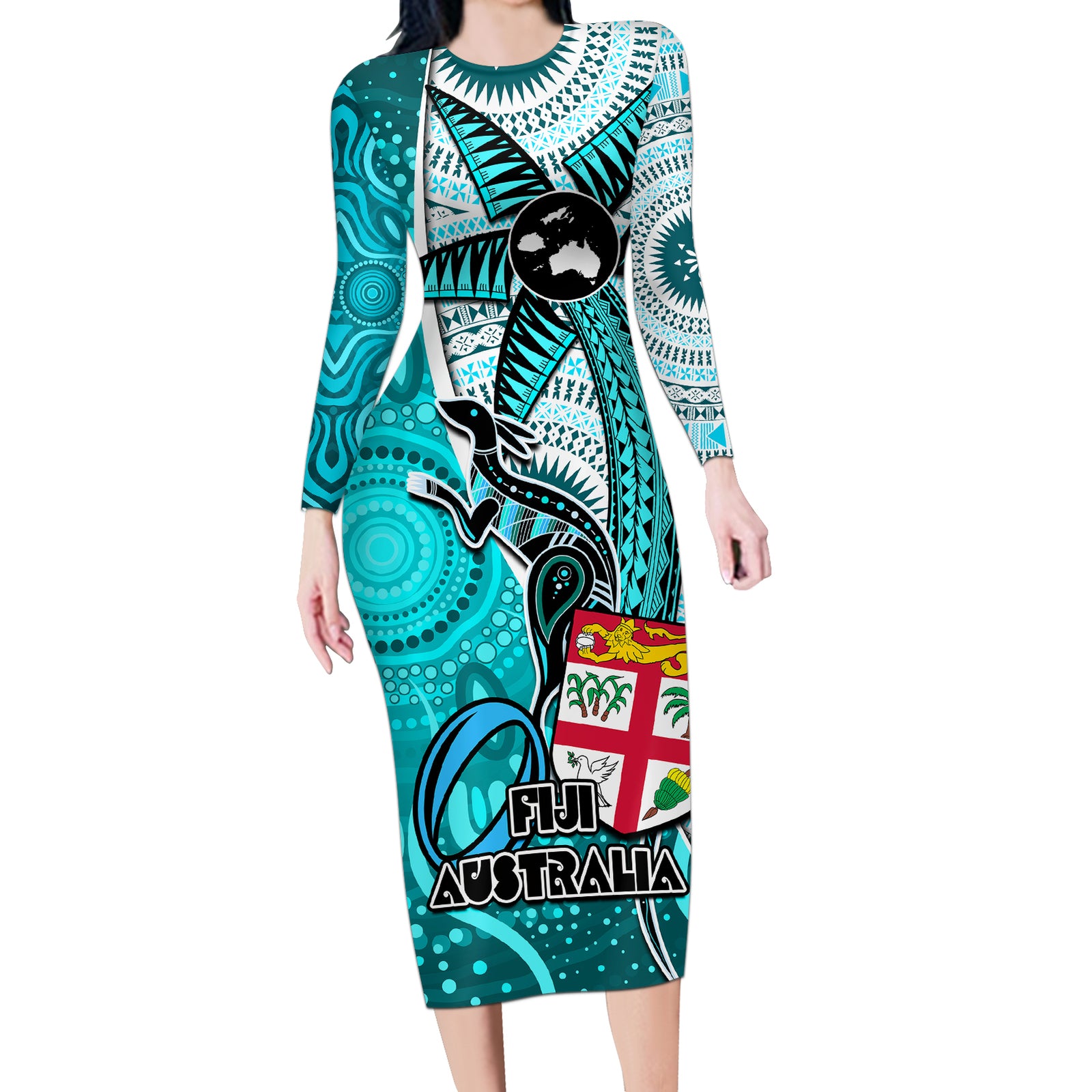Fiji Australia Rugby Long Sleeve Bodycon Dress Kangaroo and Palm Tree Blue Tapa Pattern Mix Aboriginal LT03 Long Dress Blue - Polynesian Pride