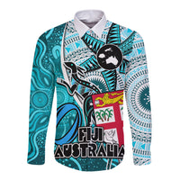 Fiji Australia Rugby Long Sleeve Button Shirt Kangaroo and Palm Tree Blue Tapa Pattern Mix Aboriginal LT03 Unisex Blue - Polynesian Pride
