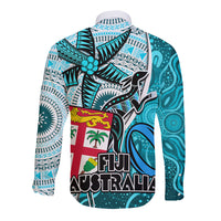 Fiji Australia Rugby Long Sleeve Button Shirt Kangaroo and Palm Tree Blue Tapa Pattern Mix Aboriginal LT03 - Polynesian Pride