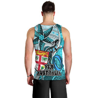 Fiji Australia Rugby Men Tank Top Kangaroo and Palm Tree Blue Tapa Pattern Mix Aboriginal LT03 - Polynesian Pride