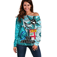 Fiji Australia Rugby Off Shoulder Sweater Kangaroo and Palm Tree Blue Tapa Pattern Mix Aboriginal LT03 Women Blue - Polynesian Pride
