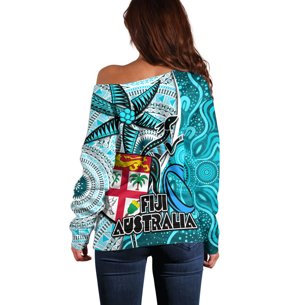 Fiji Australia Rugby Off Shoulder Sweater Kangaroo and Palm Tree Blue Tapa Pattern Mix Aboriginal LT03 - Polynesian Pride