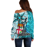 Fiji Australia Rugby Off Shoulder Sweater Kangaroo and Palm Tree Blue Tapa Pattern Mix Aboriginal LT03 - Polynesian Pride