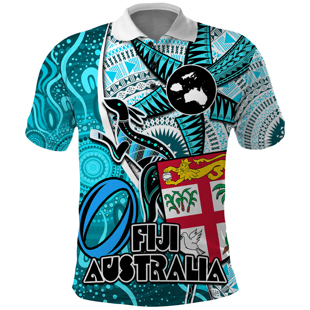 Fiji Australia Rugby Polo Shirt Kangaroo and Palm Tree Blue Tapa Pattern Mix Aboriginal LT03 Blue - Polynesian Pride
