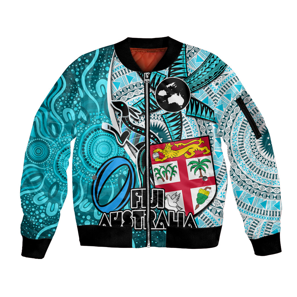 Fiji Australia Rugby Sleeve Zip Bomber Jacket Kangaroo and Palm Tree Blue Tapa Pattern Mix Aboriginal LT03 Unisex Blue - Polynesian Pride