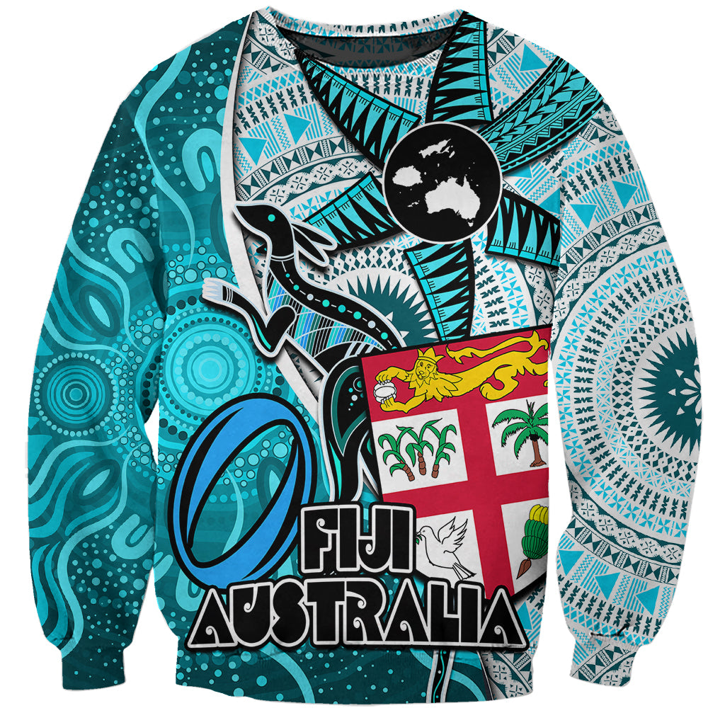Fiji Australia Rugby Sweatshirt Kangaroo and Palm Tree Blue Tapa Pattern Mix Aboriginal LT03 Unisex Blue - Polynesian Pride