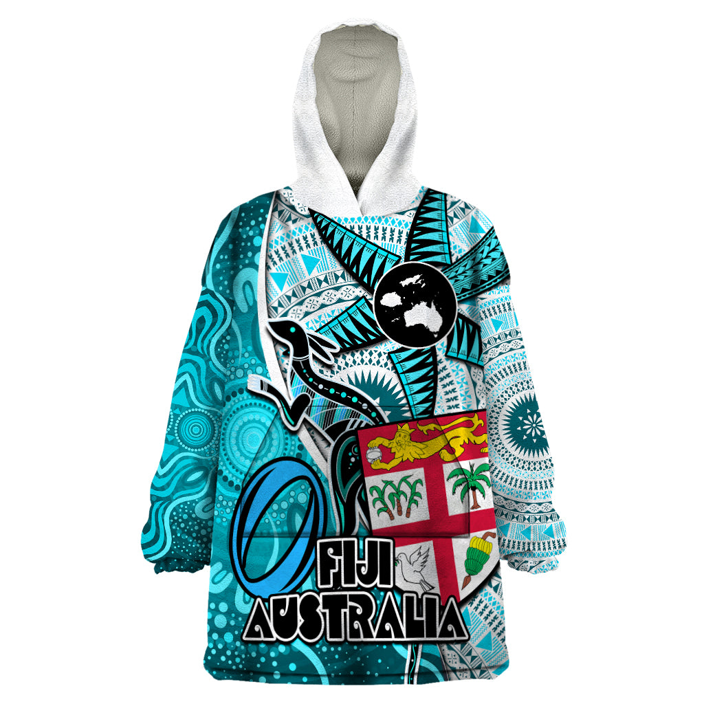 Fiji Australia Rugby Wearable Blanket Hoodie Kangaroo and Palm Tree Blue Tapa Pattern Mix Aboriginal LT03 One Size Blue - Polynesian Pride