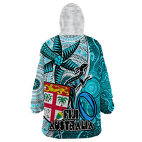Fiji Australia Rugby Wearable Blanket Hoodie Kangaroo and Palm Tree Blue Tapa Pattern Mix Aboriginal LT03 - Polynesian Pride