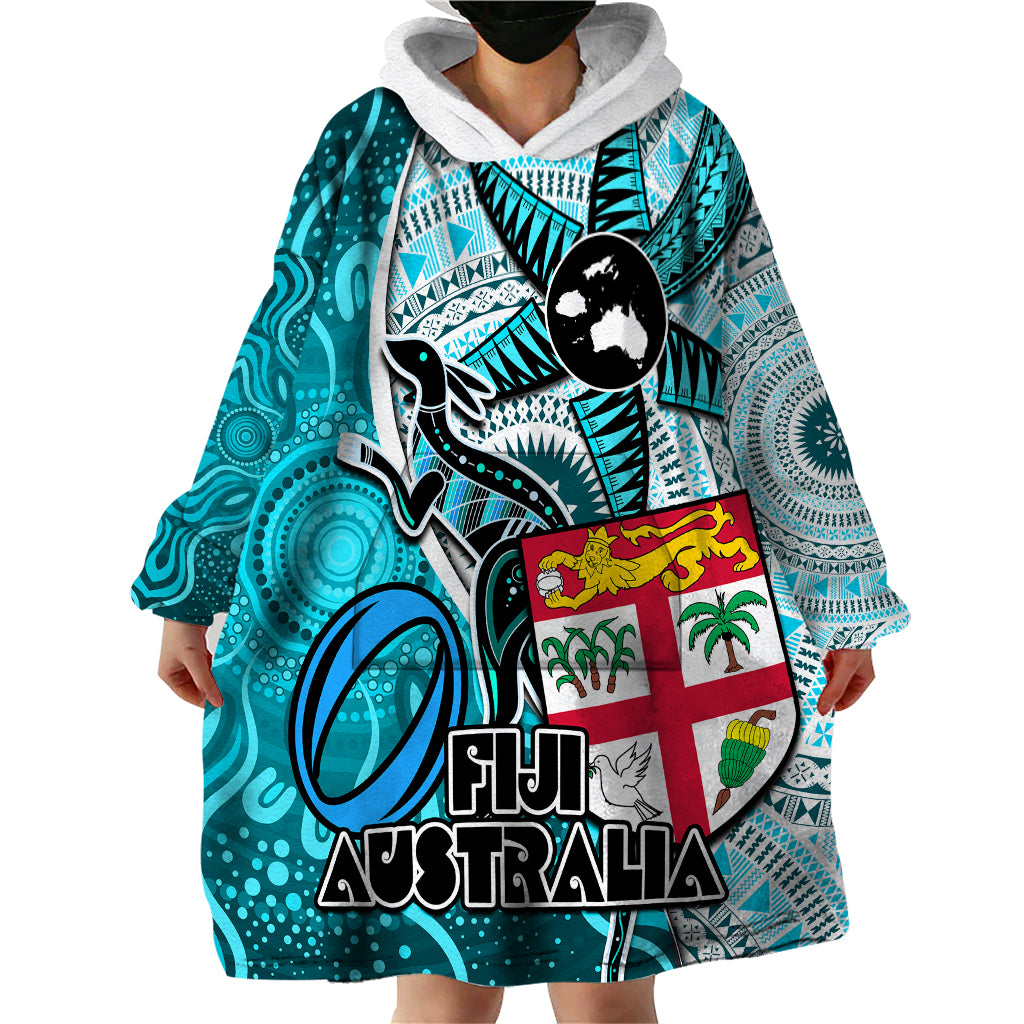 Fiji Australia Rugby Wearable Blanket Hoodie Kangaroo and Palm Tree Blue Tapa Pattern Mix Aboriginal LT03 - Polynesian Pride