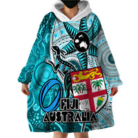 Fiji Australia Rugby Wearable Blanket Hoodie Kangaroo and Palm Tree Blue Tapa Pattern Mix Aboriginal LT03 - Polynesian Pride