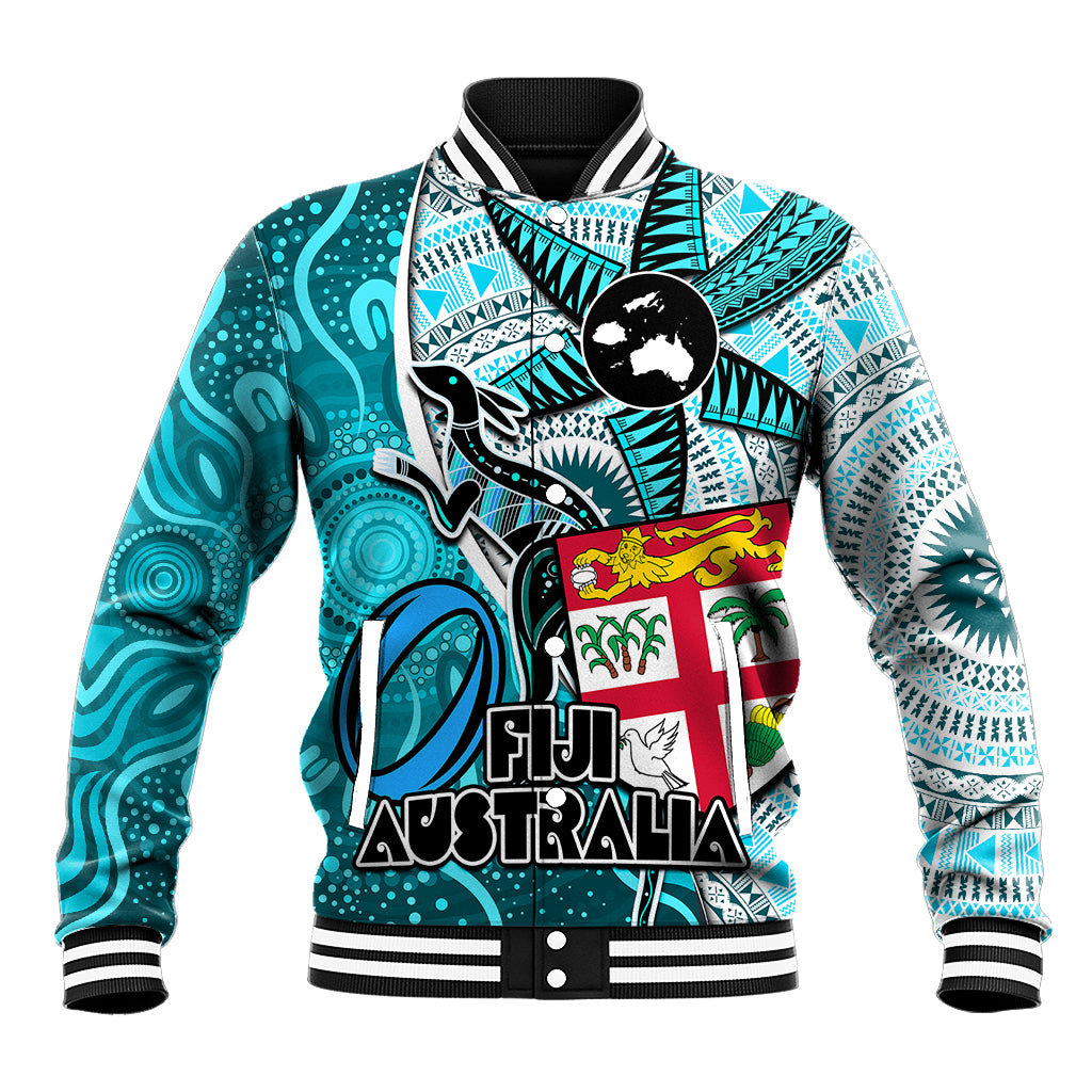 Personalised Fiji Australia Rugby Baseball Jacket Kangaroo and Palm Tree Blue Tapa Pattern Mix Aboriginal LT03 Unisex Blue - Polynesian Pride