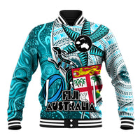 Personalised Fiji Australia Rugby Baseball Jacket Kangaroo and Palm Tree Blue Tapa Pattern Mix Aboriginal LT03 Unisex Blue - Polynesian Pride