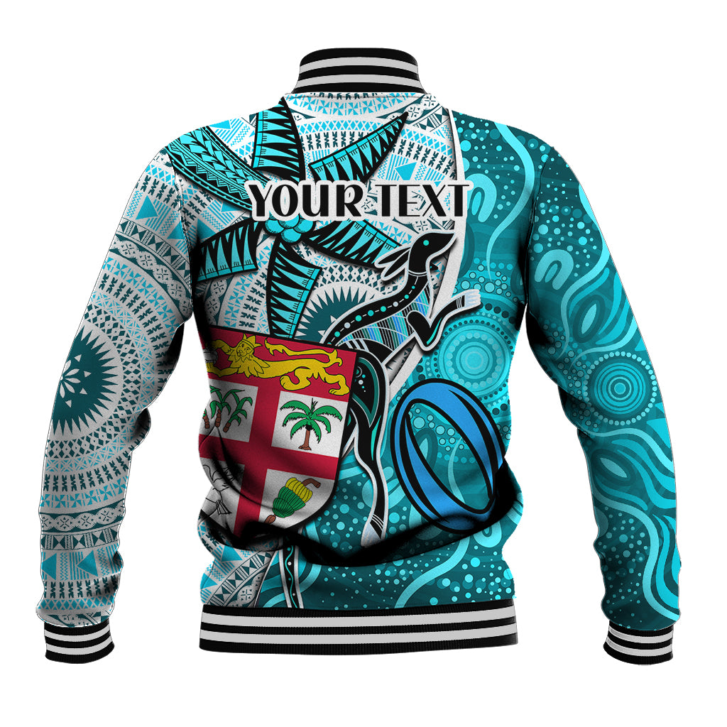 Personalised Fiji Australia Rugby Baseball Jacket Kangaroo and Palm Tree Blue Tapa Pattern Mix Aboriginal LT03 - Polynesian Pride