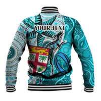 Personalised Fiji Australia Rugby Baseball Jacket Kangaroo and Palm Tree Blue Tapa Pattern Mix Aboriginal LT03 - Polynesian Pride