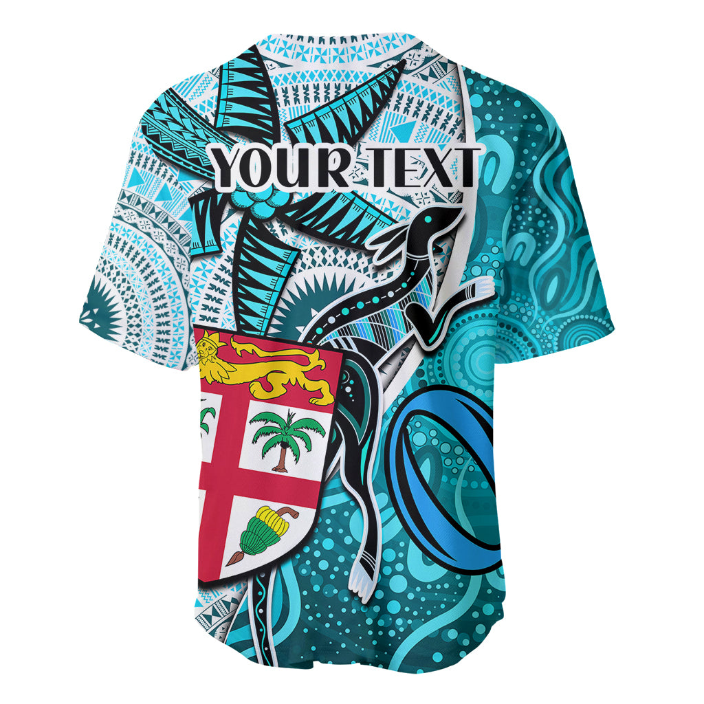 Personalised Fiji Australia Rugby Baseball Jersey Kangaroo and Palm Tree Blue Tapa Pattern Mix Aboriginal LT03 - Polynesian Pride