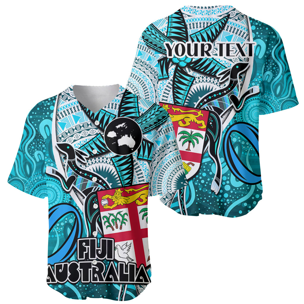 Personalised Fiji Australia Rugby Baseball Jersey Kangaroo and Palm Tree Blue Tapa Pattern Mix Aboriginal LT03 - Polynesian Pride