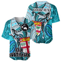 Personalised Fiji Australia Rugby Baseball Jersey Kangaroo and Palm Tree Blue Tapa Pattern Mix Aboriginal LT03 - Polynesian Pride