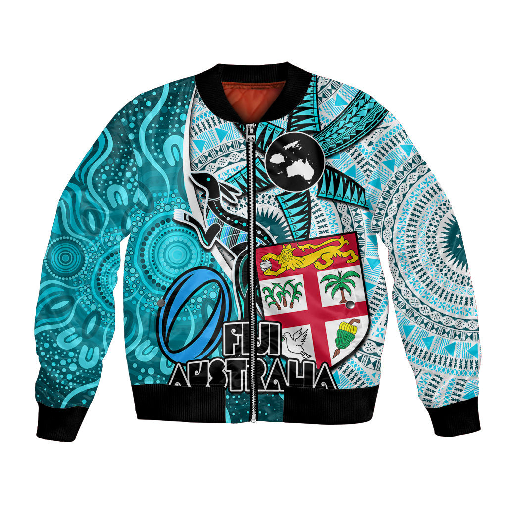 Personalised Fiji Australia Rugby Bomber Jacket Kangaroo and Palm Tree Blue Tapa Pattern Mix Aboriginal LT03 Unisex Blue - Polynesian Pride