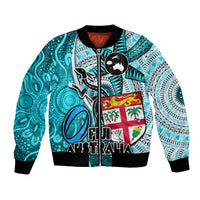 Personalised Fiji Australia Rugby Bomber Jacket Kangaroo and Palm Tree Blue Tapa Pattern Mix Aboriginal LT03 Unisex Blue - Polynesian Pride