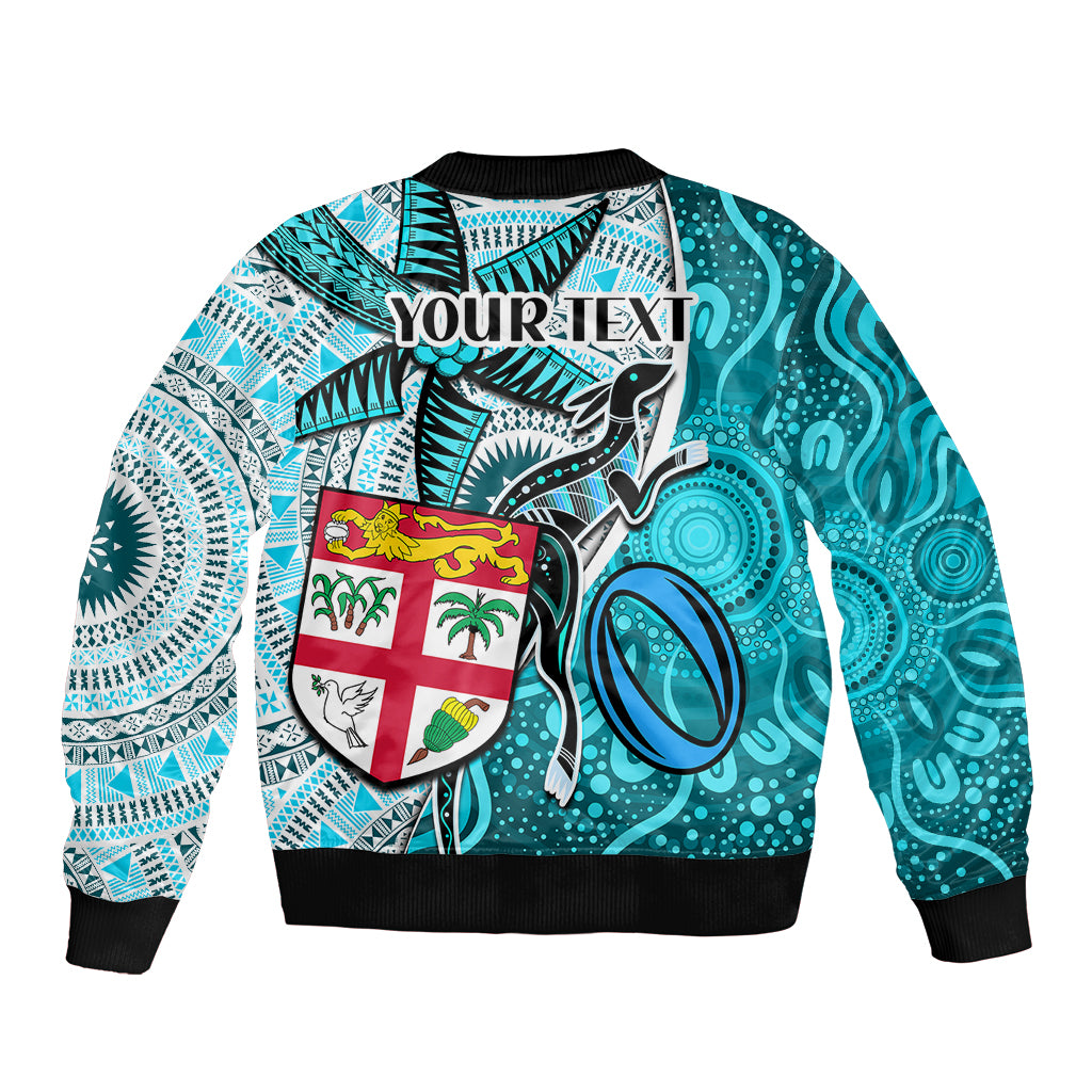 Personalised Fiji Australia Rugby Bomber Jacket Kangaroo and Palm Tree Blue Tapa Pattern Mix Aboriginal LT03 - Polynesian Pride