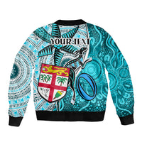 Personalised Fiji Australia Rugby Bomber Jacket Kangaroo and Palm Tree Blue Tapa Pattern Mix Aboriginal LT03 - Polynesian Pride