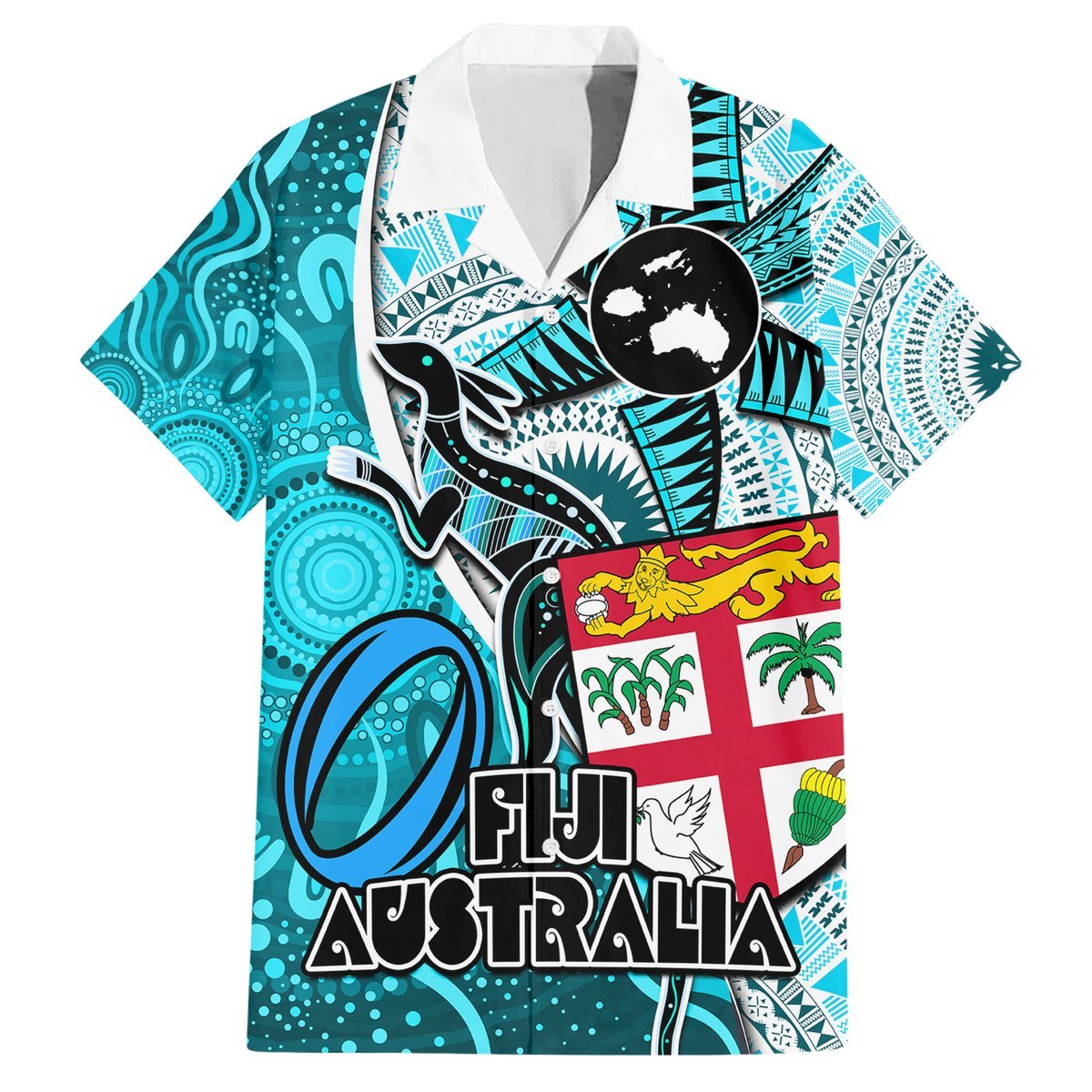 Personalised Fiji Australia Rugby Hawaiian Shirt Kangaroo and Palm Tree Blue Tapa Pattern Mix Aboriginal LT03 Blue - Polynesian Pride