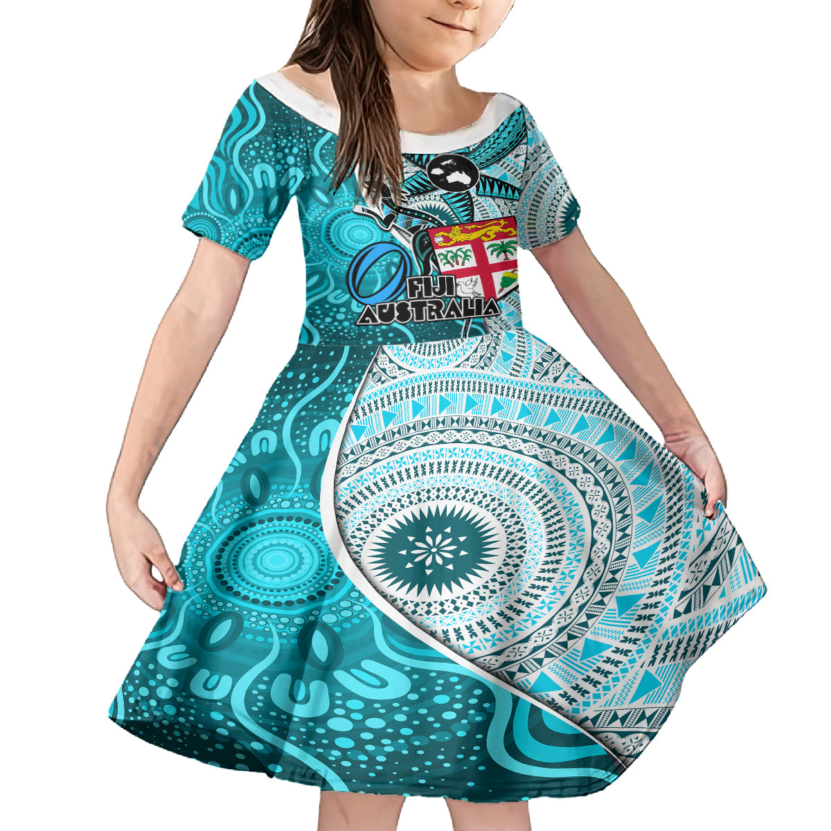 Personalised Fiji Australia Rugby Kid Short Sleeve Dress Kangaroo and Palm Tree Blue Tapa Pattern Mix Aboriginal LT03 KID Blue - Polynesian Pride