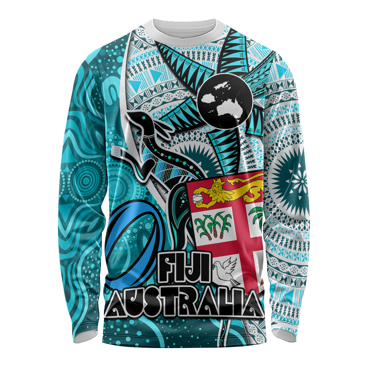 Personalised Fiji Australia Rugby Long Sleeve Shirt Kangaroo and Palm Tree Blue Tapa Pattern Mix Aboriginal LT03 Unisex Blue - Polynesian Pride