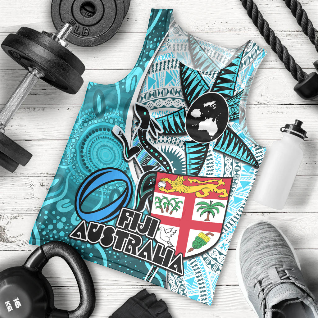 Personalised Fiji Australia Rugby Men Tank Top Kangaroo and Palm Tree Blue Tapa Pattern Mix Aboriginal LT03 Blue - Polynesian Pride