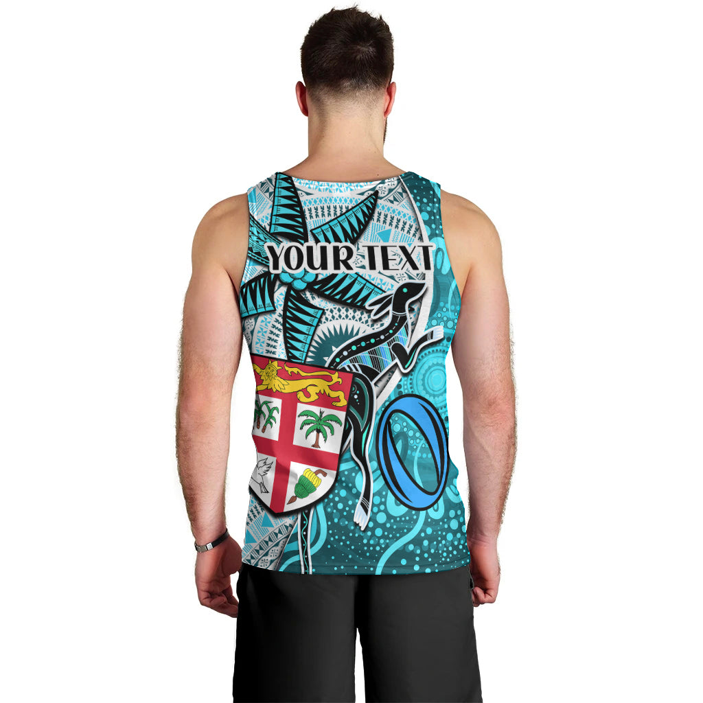 Personalised Fiji Australia Rugby Men Tank Top Kangaroo and Palm Tree Blue Tapa Pattern Mix Aboriginal LT03 - Polynesian Pride