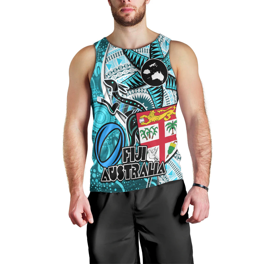 Personalised Fiji Australia Rugby Men Tank Top Kangaroo and Palm Tree Blue Tapa Pattern Mix Aboriginal LT03 - Polynesian Pride