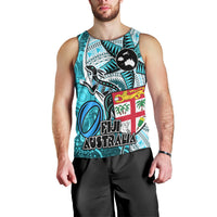 Personalised Fiji Australia Rugby Men Tank Top Kangaroo and Palm Tree Blue Tapa Pattern Mix Aboriginal LT03 - Polynesian Pride