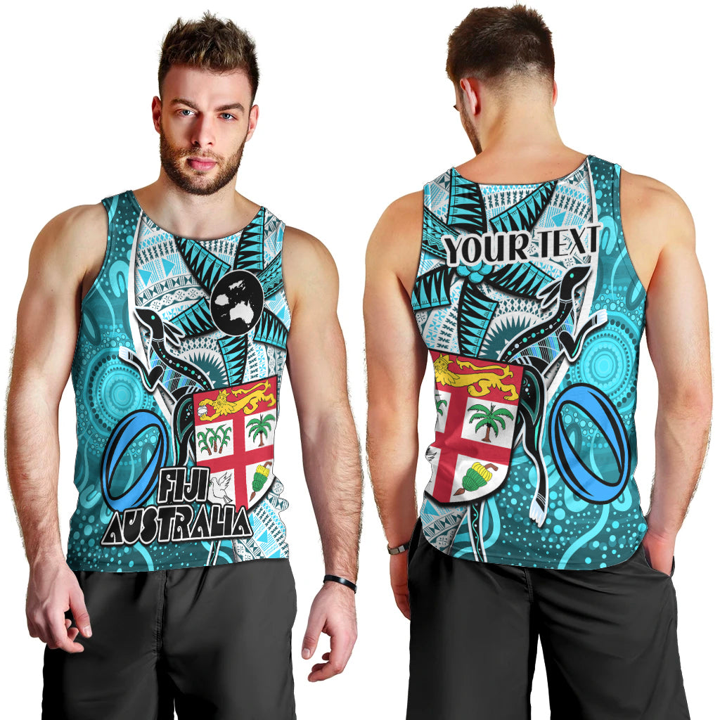 Personalised Fiji Australia Rugby Men Tank Top Kangaroo and Palm Tree Blue Tapa Pattern Mix Aboriginal LT03 - Polynesian Pride