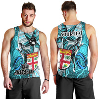 Personalised Fiji Australia Rugby Men Tank Top Kangaroo and Palm Tree Blue Tapa Pattern Mix Aboriginal LT03 - Polynesian Pride