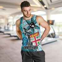 Personalised Fiji Australia Rugby Men Tank Top Kangaroo and Palm Tree Blue Tapa Pattern Mix Aboriginal LT03 - Polynesian Pride