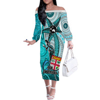 Personalised Fiji Australia Rugby Off The Shoulder Long Sleeve Dress Kangaroo and Palm Tree Blue Tapa Pattern Mix Aboriginal LT03 Women Blue - Polynesian Pride