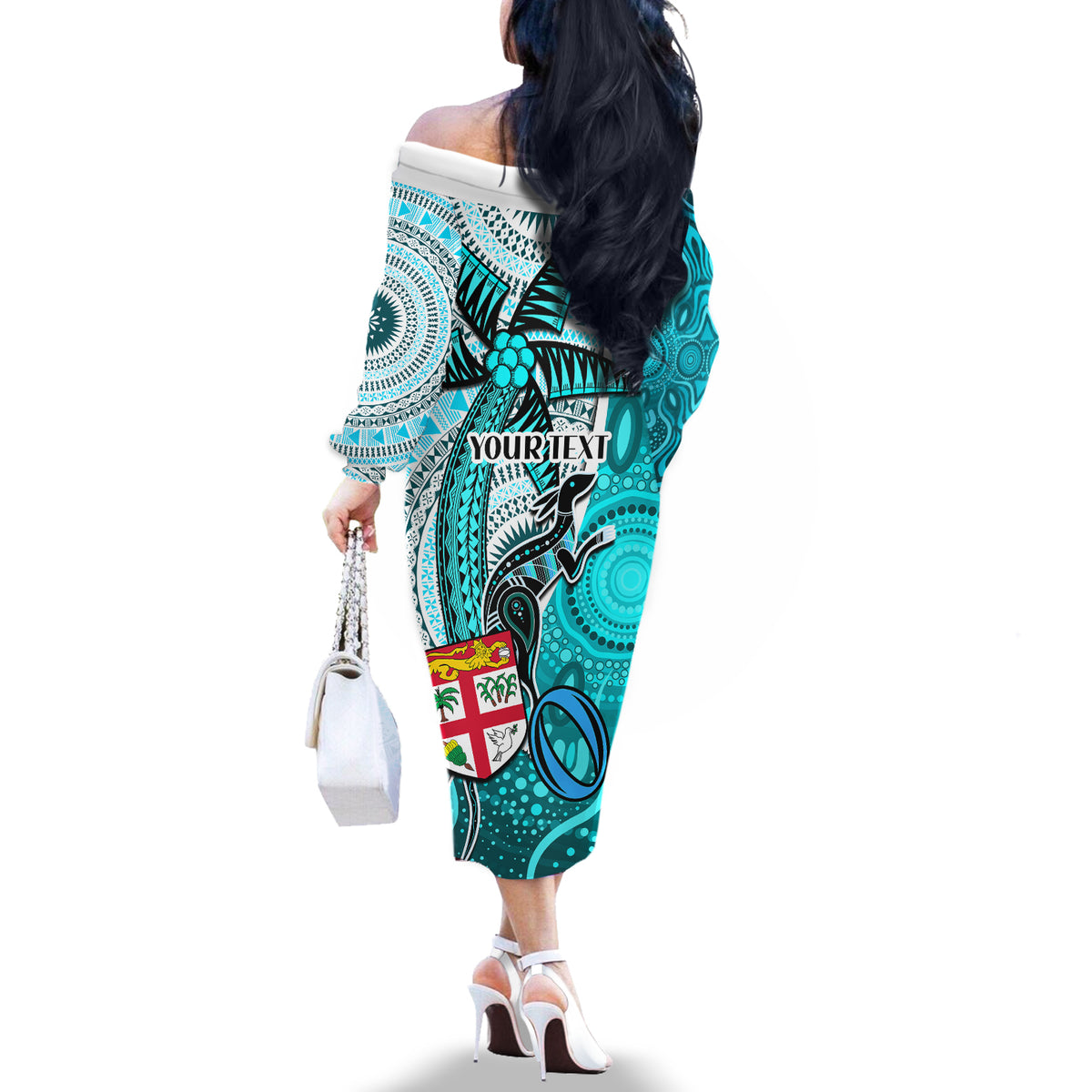 Personalised Fiji Australia Rugby Off The Shoulder Long Sleeve Dress Kangaroo and Palm Tree Blue Tapa Pattern Mix Aboriginal LT03 - Polynesian Pride