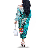 Personalised Fiji Australia Rugby Off The Shoulder Long Sleeve Dress Kangaroo and Palm Tree Blue Tapa Pattern Mix Aboriginal LT03 - Polynesian Pride