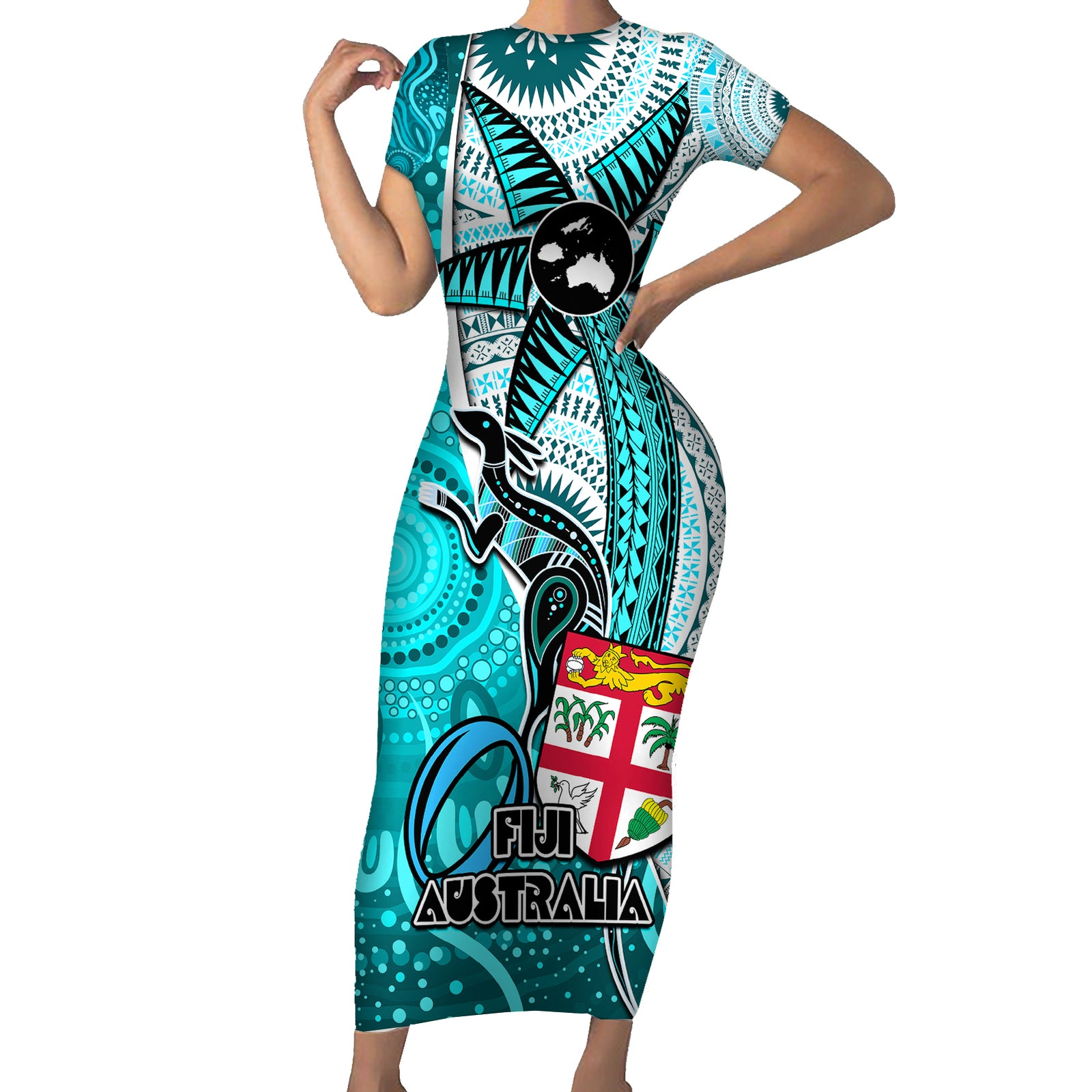 Personalised Fiji Australia Rugby Short Sleeve Bodycon Dress Kangaroo and Palm Tree Blue Tapa Pattern Mix Aboriginal LT03 Long Dress Blue - Polynesian Pride