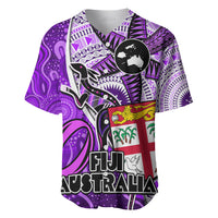 Fiji Australia Rugby Baseball Jersey Kangaroo and Palm Tree Purple Tapa Pattern Mix Aboriginal LT03 Purple - Polynesian Pride