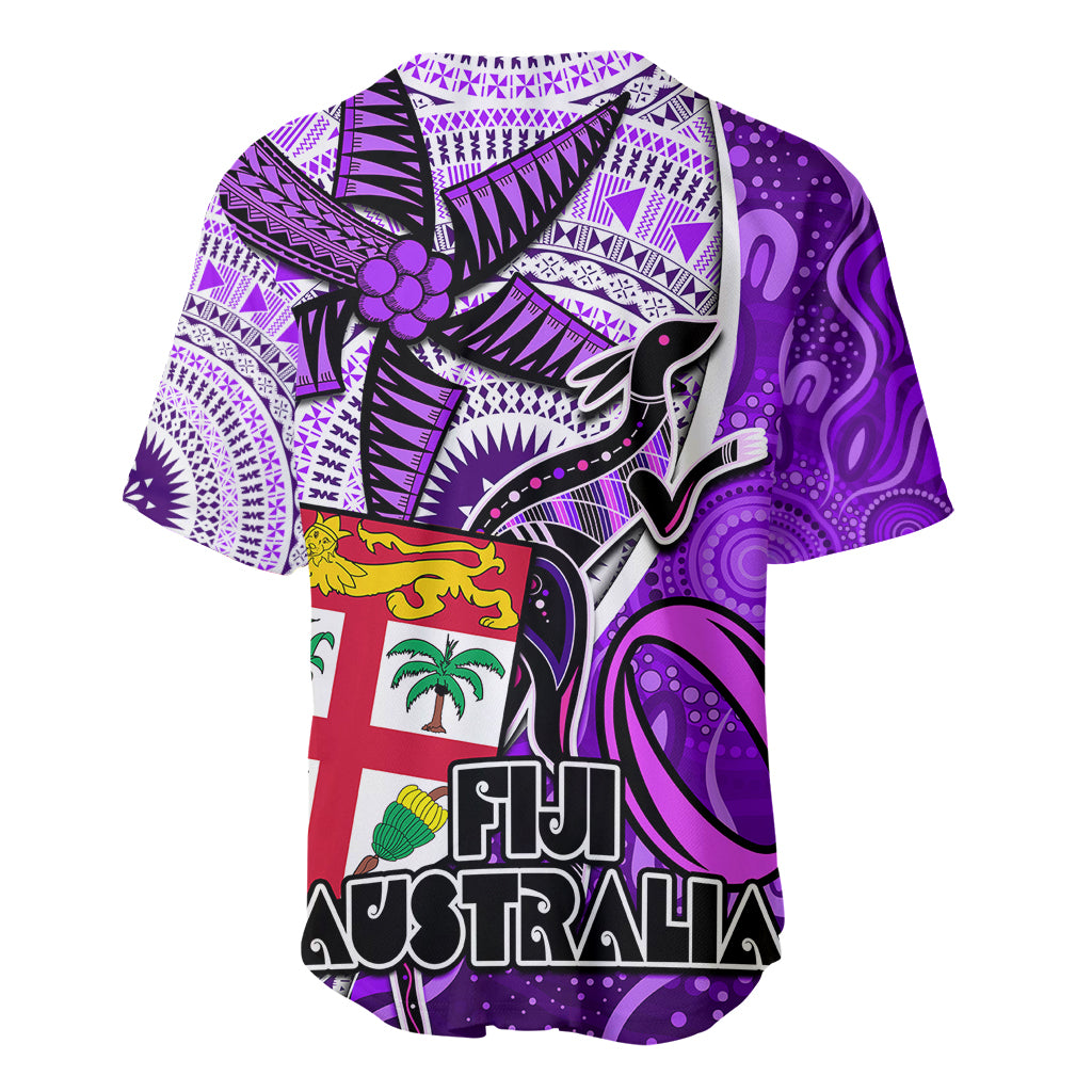 Fiji Australia Rugby Baseball Jersey Kangaroo and Palm Tree Purple Tapa Pattern Mix Aboriginal LT03 - Polynesian Pride